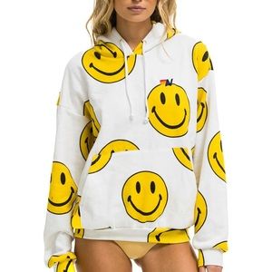 Softest happiest Aviator Nation Smiley Repeat White Hoody - Size Medium.